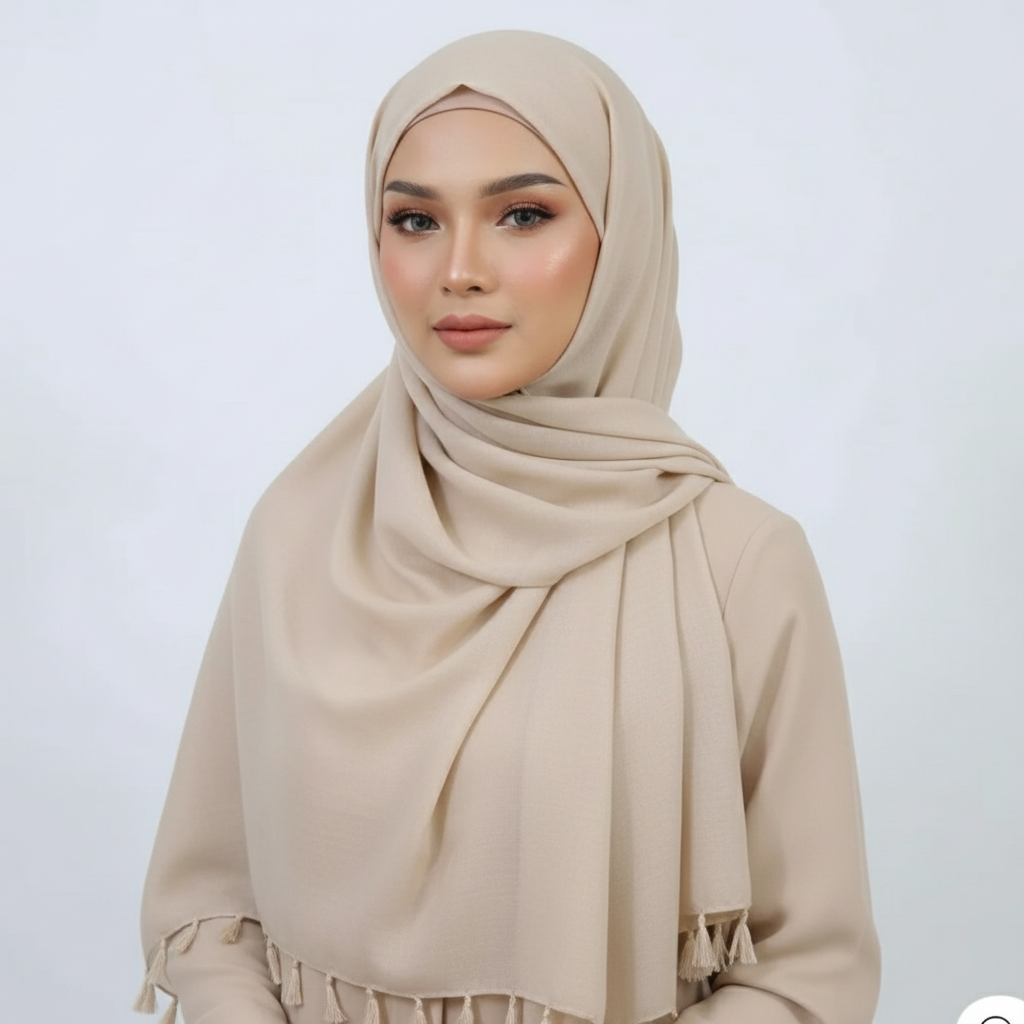 Beige Tassels Lawn Hijab