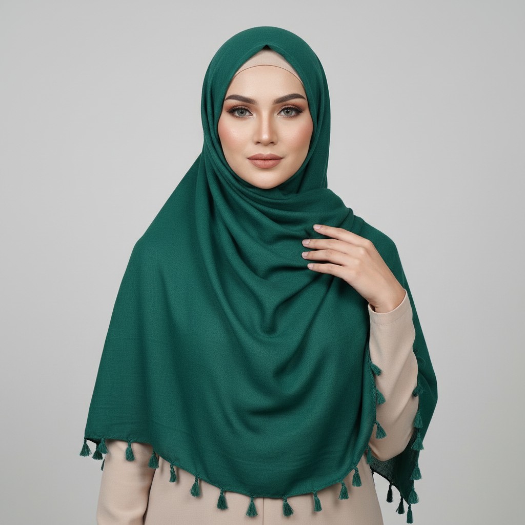 Bottle Green Tassels Lawn Hijab