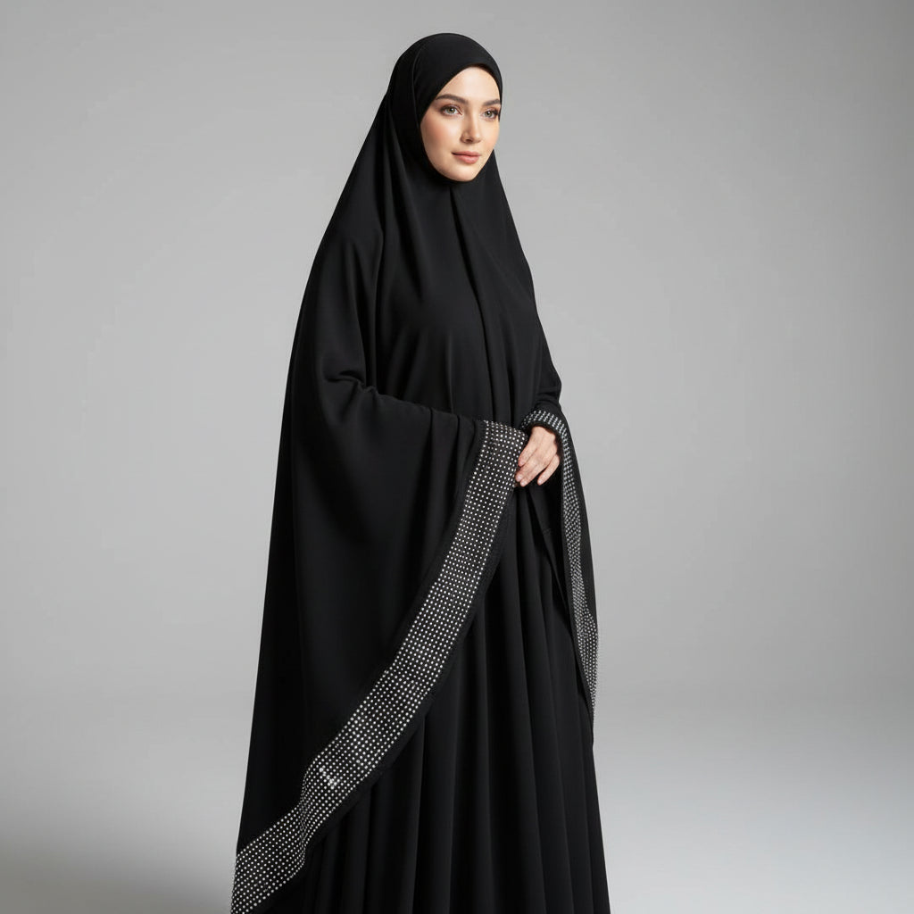 Black Irani Chaddar with silver stones