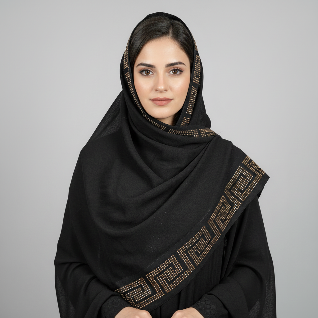 Black Irani Chaddar with Rust stones