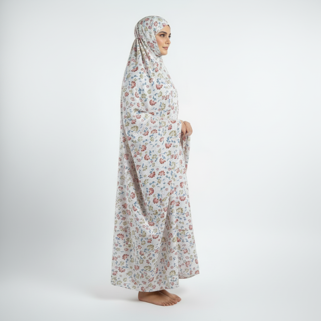 Printed White Namaz Chaddar (with sleeves)